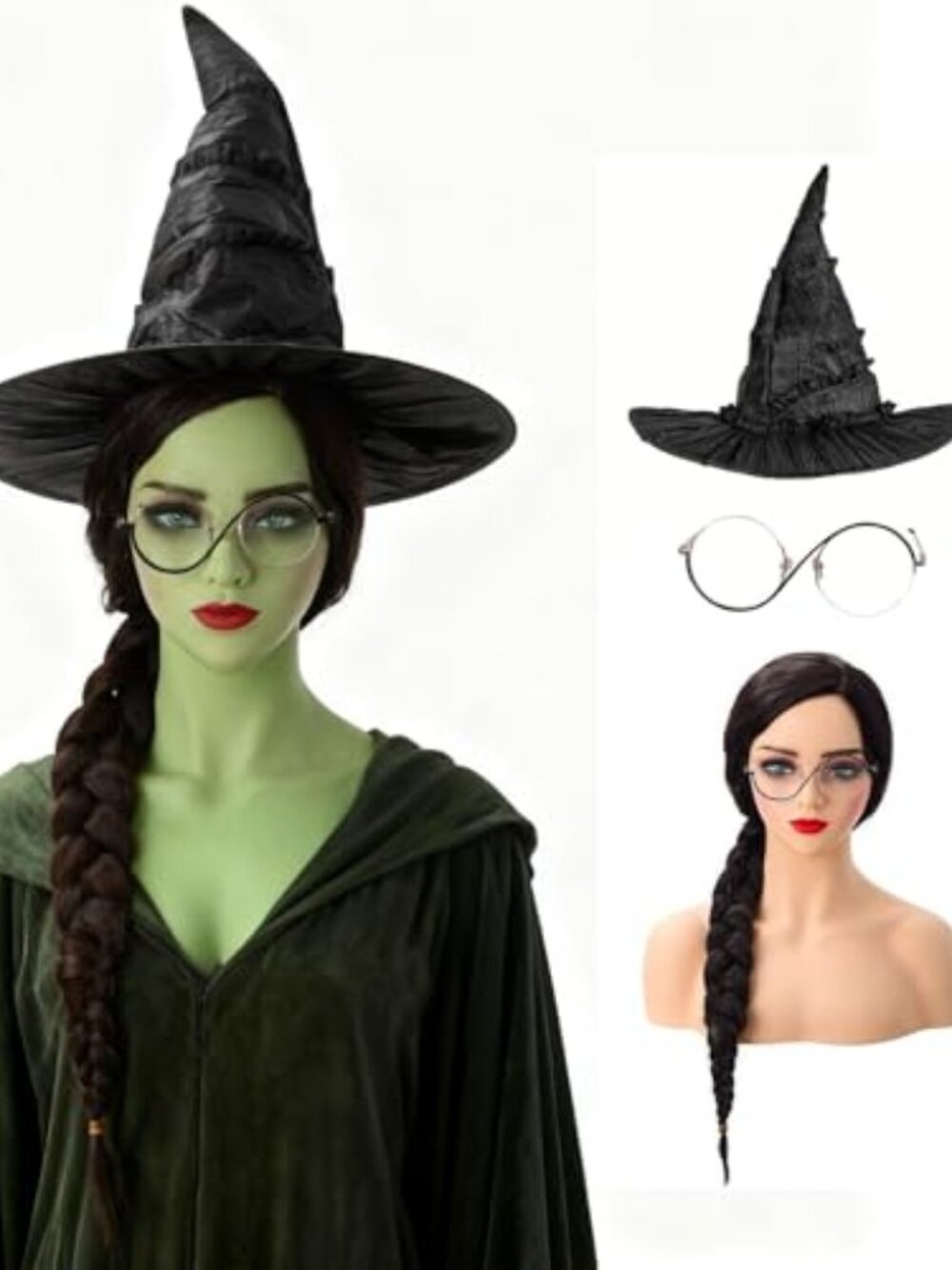 Brown Braided Wig Long Braid Cosplay Wig with Glasses and hat Halloween Outfit
